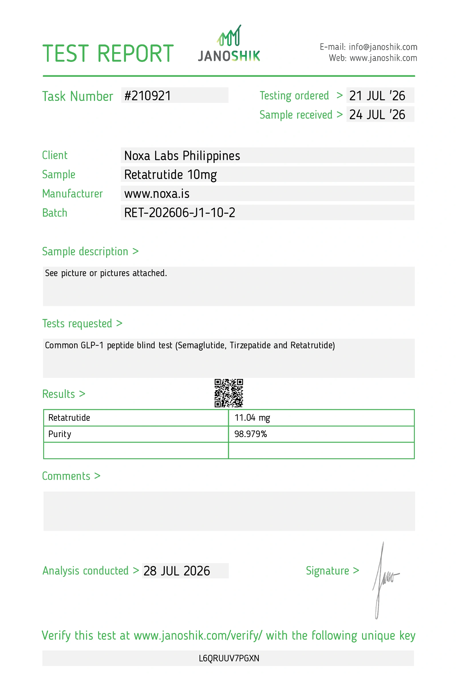 Janoshik HPLC certificate of analysis for Retatrutide, batch RET-202606-J1-10-2
