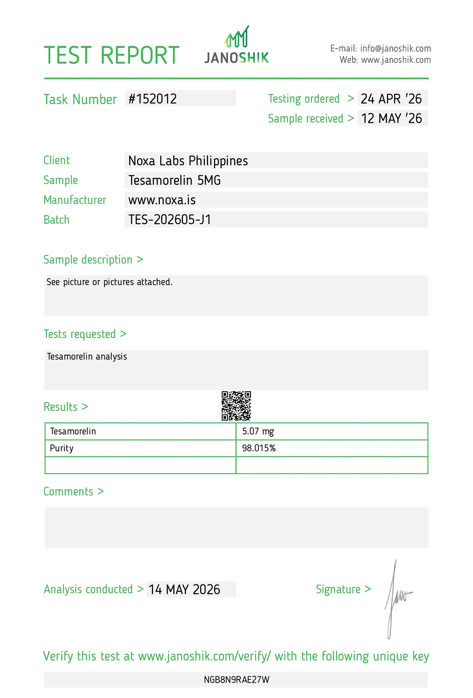 Latest COA — Tesamorelin